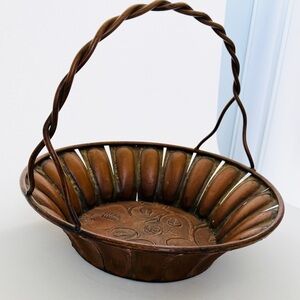 Vintage Style Copper Metal Fruit Basket | Embossed Rose & Leaf Design